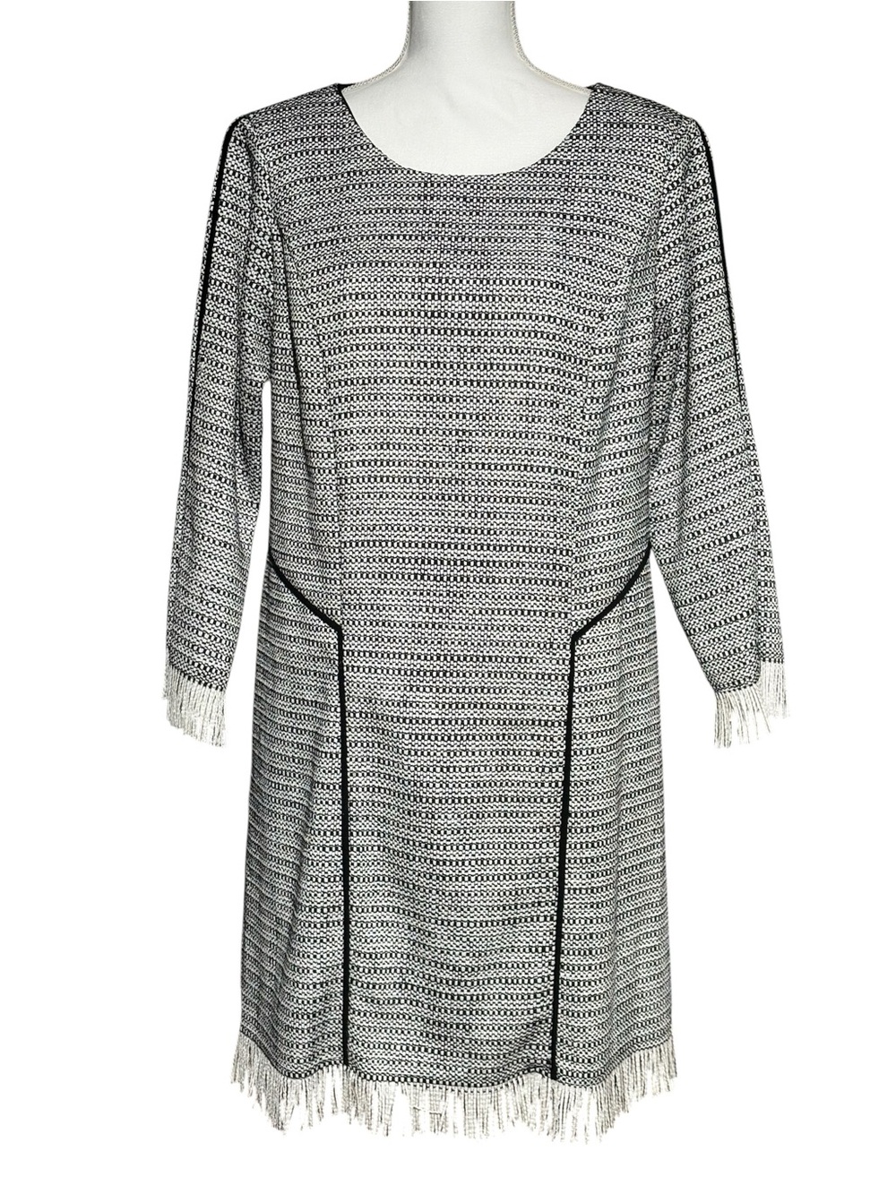 Sam Edelman Black&White Tweed Dress Size L Long Sleeve Fringe Hem Open Bow​ back